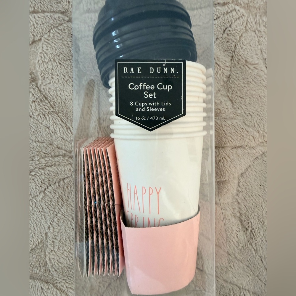 8 Rae Dunn Paper Travel Hot Cocoa Coffee Cups Lids Sleeves Happy Spring 16oz